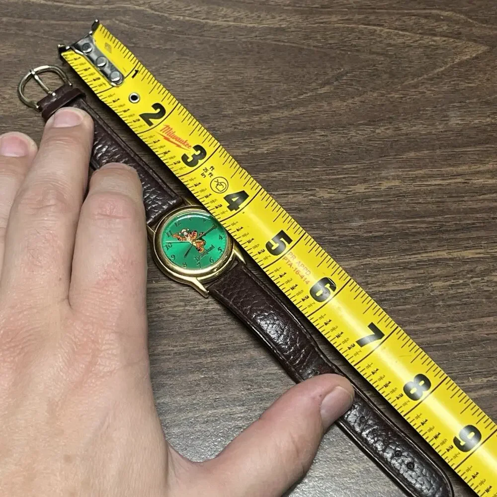 Vintage Gold Tone Tigger Brown Leather Watch Green Face 33mm Case New Battery